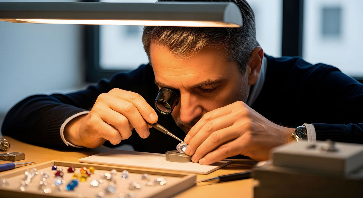 Gemólogo examinando un diamante de laboratorio con lupa para verificar su informe